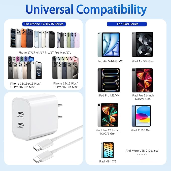 2Pack iPhone 17 16 Charger,Dual Port Fast Wall Charger Block with 10FT USB C to C Cable Cord Chargers Fast Charging for iPhone 17e/17 Pro Max/17 Pro/iPhone Air/16Pro Max/16 Plus/15Pro Max/15/iPad