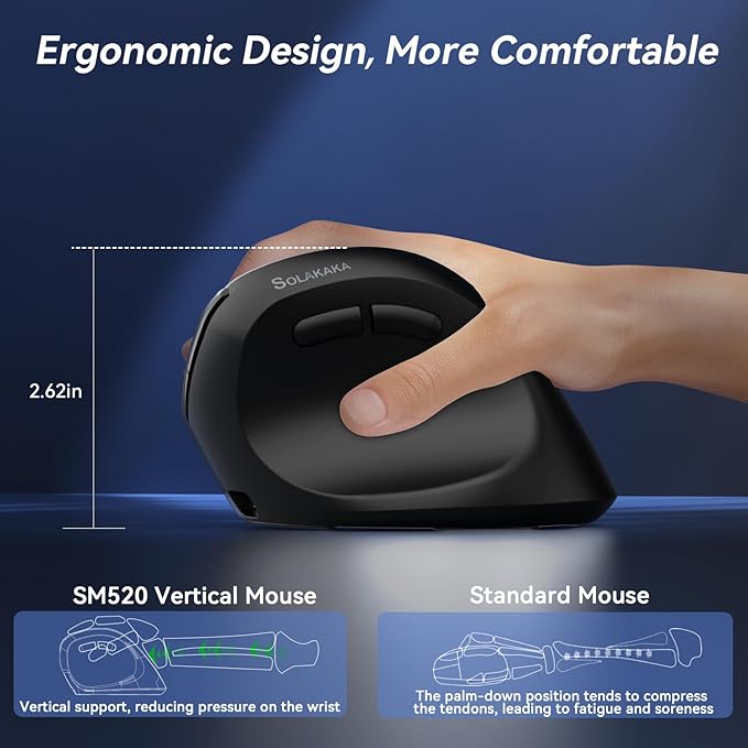SOLAKAKA SM520 Ergonomic Mouse with 24000 DPI, Vertical Mouse with Programmable Side Button, Wireless Mouse with Tri-Mode Connection - BT5.0/USB-C/2.4GHz, for Desktop, PC, Laptop (Black)