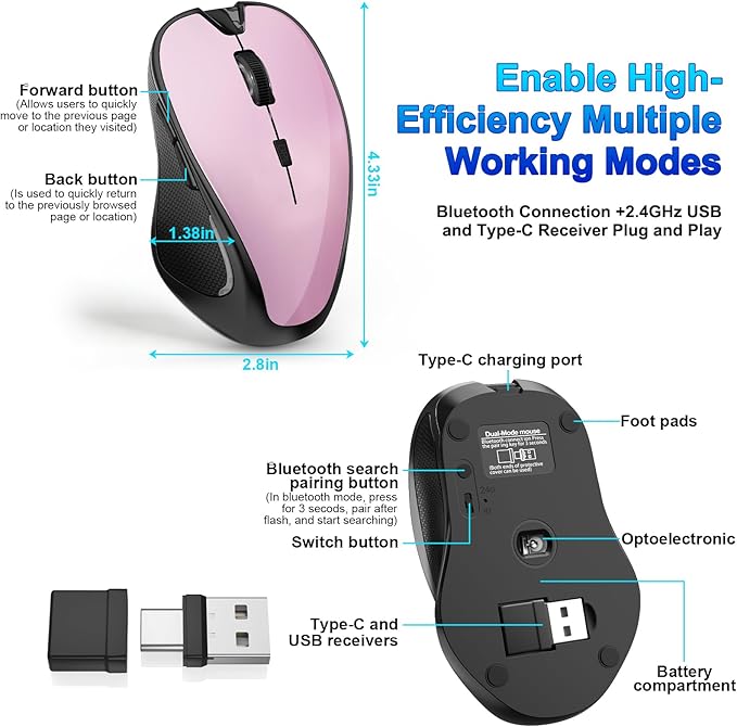Mouse for MacBook Bluetooth Wireless Mouse Laptop MacBook Air Mac Pro Silent Rechargeable PC iPad Optical Mouse with Jiggler Dual Mode Switch Bluetooth 5.2/3.0 and 2.4GHz USB Type-C Receiver PURPLE