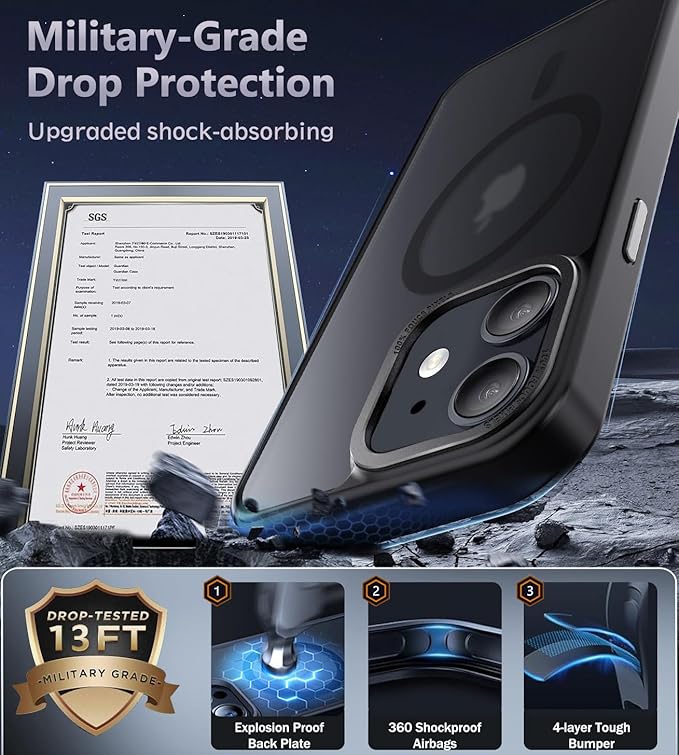 Newfuture Designed for iPhone 11 Case with Strong Magnetic [13 FT Military Drop Protection] [Compatible with Magsafe] Slim Translucent Matte Shockproof with Anti-Fingerprint Phone Case, Black