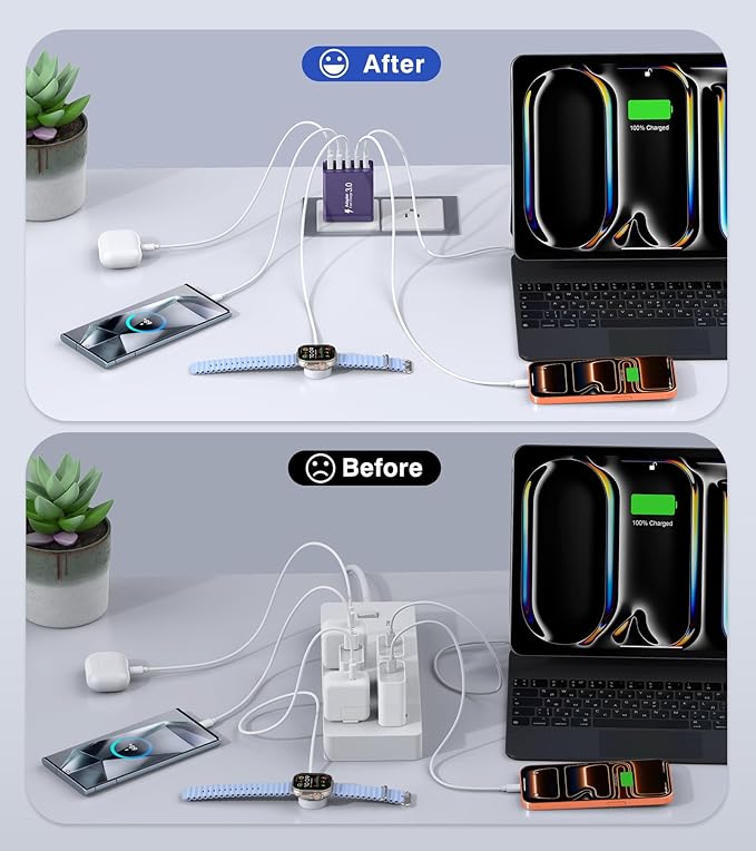 [2Pack] 50W USB C Plug,5-Port Fast Charger Block PD+QC Cube Wall Charging Box Brick for iPhone 17/16/15/14/13 for Samsung Galaxy S25/S24/S23/S22/S21+/S21 Ultra, Magsafe Wireless Charger,(Purple)