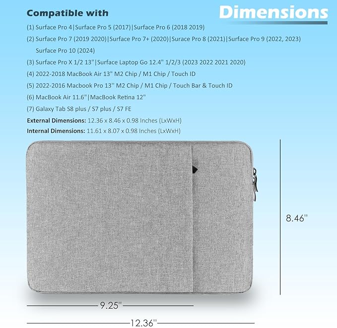ProElife 12-Inch Laptop Tablet Sleeve Case for 2024-2014 Surface Pro 4/5/6/7/7+/8/9/10|Surface Laptop Go 1/2/3 12.4"|iPad Pro 12.9'' M2|Galaxy Tab S8+/S7+ Bag Water-Resistant Cover (Gray)
