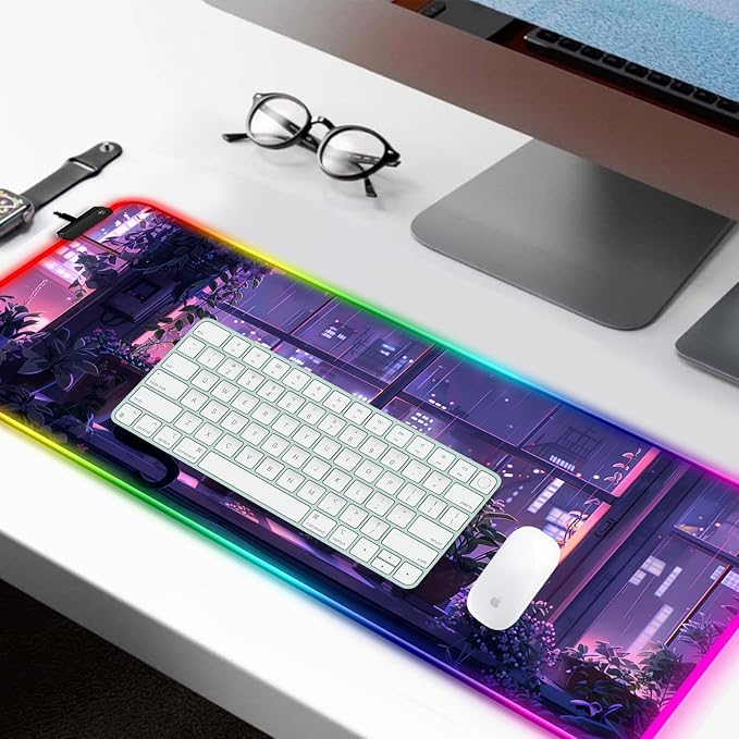 RGB Japanese Anime Cute Cat and Plant Gaming Desk Mat, Computer Keyboard Large Extended Kawaii Animal LED Mouse Pad for Office and Home, 31.5×11.8 Inches, XL, Purple