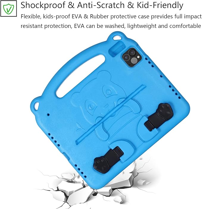 Kids Case for Apple iPad Pro 11 inch M5/M4 Tablet (2025/2024) with Handle/Kickstand Slim Lightweight Cute Soft EVA Foam Shockproof Folio Stand Protective Cover for Boy Girl Teens, Blue Panda