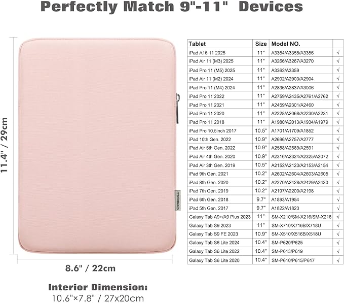 MoKo 9-11 Inch Tablet Sleeve Bag Carrying Case Fits iPad air 5 10.9" 2022,iPad Pro 11 M2 2022-2018,iPad 10th 10.9,iPad 9/8/7th Gen 10.2,iPad Air 4 10.9/Air 3 10.5,Tab S8/S9 11", Baby Pink