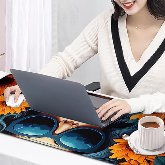 Large Mouse Pad, 31.5 x 11.8in Extended Gaming Mouse Pad with Stitched Edges, XXL Desk pad Protector Non Slip Rubber Base for Office Home Writing Mat,African American Pretty Girl Sunflower Woman