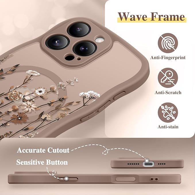GVIEWIN for iPhone 16 Pro Max Case Compatible with MagSafe [Curly Wave Edge][Full Camera Protection] Floral Translucent Shockproof Magnetic Women Phone Case for 16 Pro Max, Floratopia/Brown