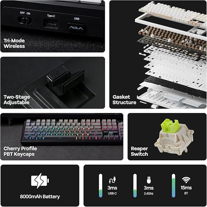 EPOMAKER X Aula F108 PRO Wireless Gaming Keyboard with Screen, 8000mAh Battery, 104 Hot-Swappable and Programmable Keys and Knob, RGB Backlight, for Mac/PC/Android (Black Gradient)