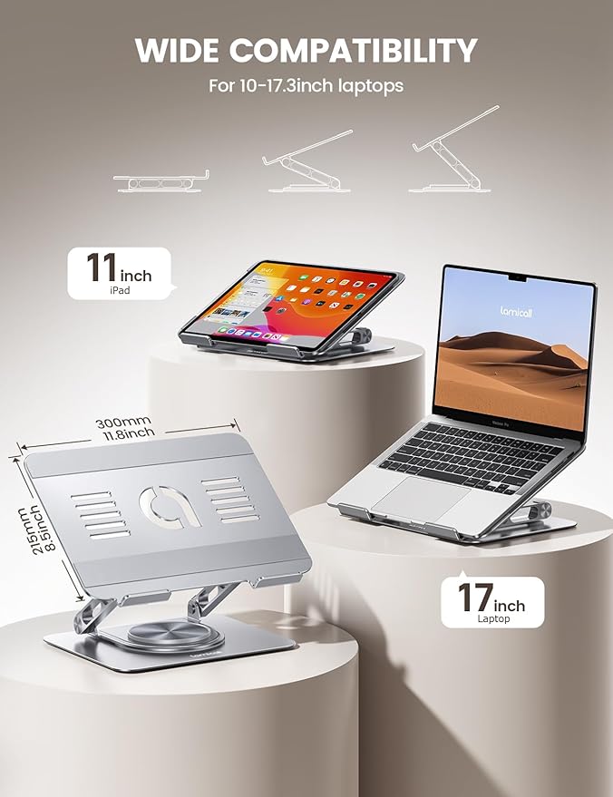 Lamicall Adjustable Laptop Stand for Desk - 360 Rotating Base Ergonomic Computer Stand, Aluminum Laptop Riser Foldable Protable for Office Home fits MacBook Neo Air Pro, Dell, HP (10-17.3'') -Sliver