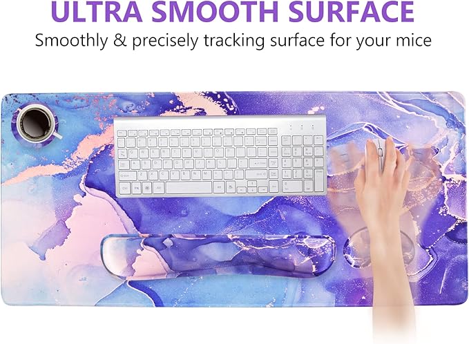 DINKY Keyboard Mouse Pad Set, Large Gaming Mousepad + Memory Foam Ergonomic Keyboard Wrist Rest Support, Easy Typing Pain Relief, 4Pcs (35.4" x 15.7") Extended Desk Mat-Modern Purple Marble