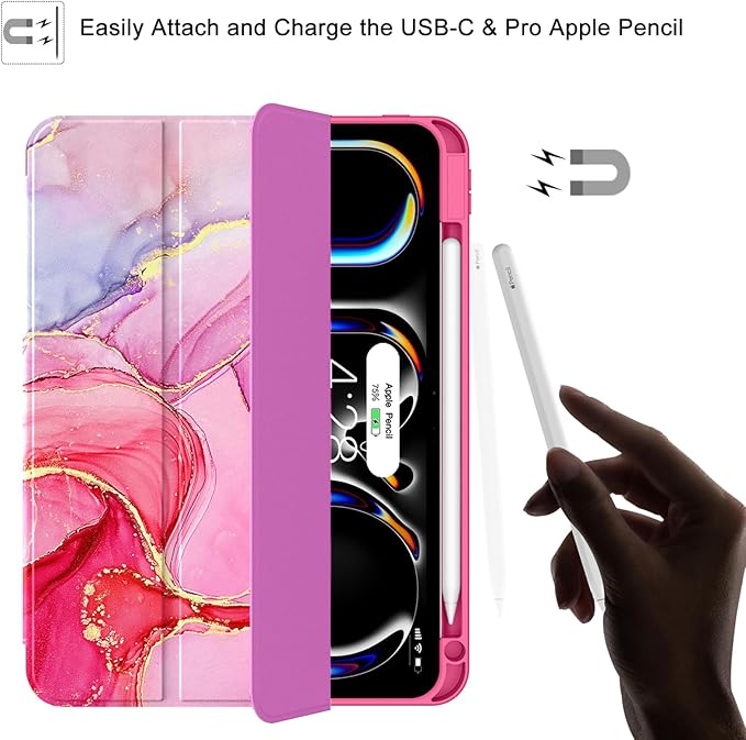 Soke Case for New iPad Pro 11 Inch (M5/M4) 5th Generation 2024-2025 with Pencil Holder - [Shockproof + Apple Pencil Charging + Auto Wake/Sleep], Soft TPU Back Cover for iPad Pro 11", Hot Pink Marble