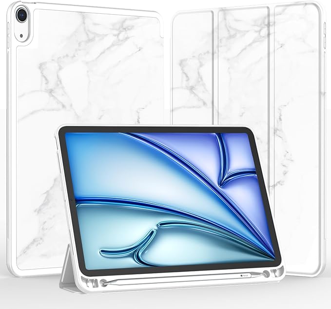 iMieet iPad Air 11 Inch Case M4/M3/M2(2026/2025/2024), iPad Air 5th/4th Generation Case 2022/2020 10.9 Inch with Pencil Holder,Trifold Stand Smart Case with Soft TPU Back(New Marble White)