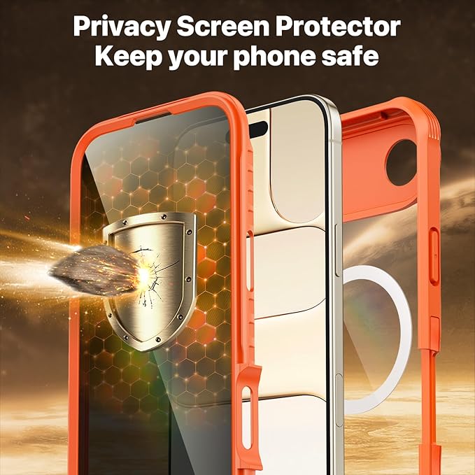 CENHUFO Magnetic Privacy for iPhone 17 Air Case [Compatible with Magsafe] Full Body Phone Case Built-in 9H Tempered Glass Privacy Screen Protector, Camera Protection Shockproof Bumper Cover -Orange