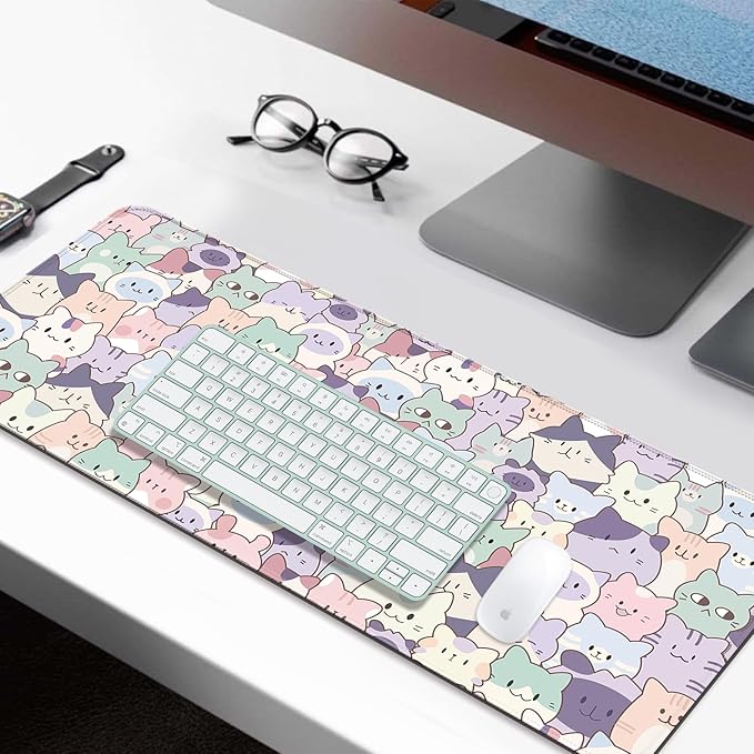 Cute Pink Cat Gaming Desk Mat, Computer Keyboard Large Extended Kawaii Pastel Cat Mouse Pad for Office and Home, 31.5×11.8 Inches, XL