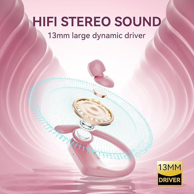 occiam Active Noise Cancelling Wireless Earbuds Bluetooth Headphones Ear Buds 96Hrs Playback Clear Call Waterproof Earphones with Ear Hook Microphones for Sport Running Pink