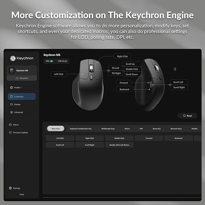Keychron M6 Silent Wireless Gaming Mouse, 1000Hz, Bluetooth/2.4G/Wired, PixArt 3311 Sensor (12K DPI), 86g, 5 On-Board Memory Profiles for Plug & Play, Programmable for Mac/Win/Linux – Black