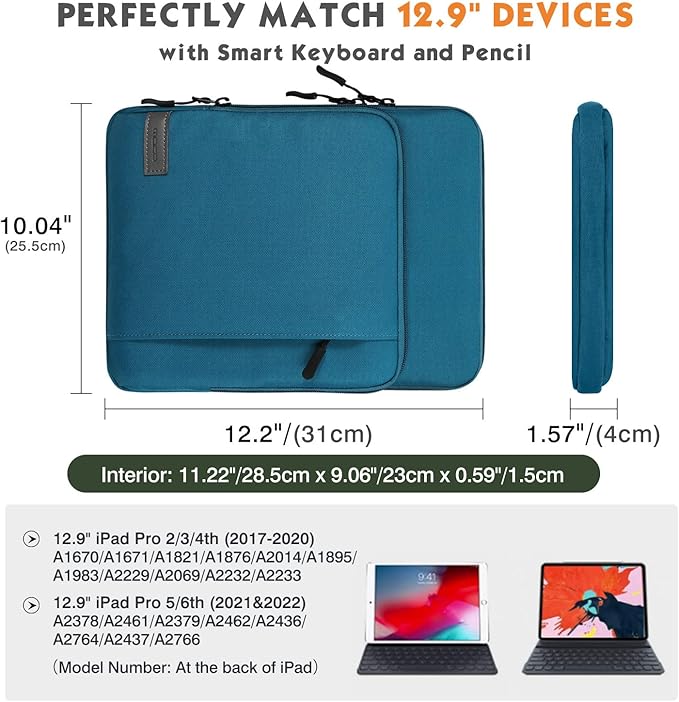 MoKo 10-13 Inch Tablet Sleeve Bag Carrying Case with Pockets Fits New 13-inch iPad Air M4 2026 & Pro M5,Pro 12.9/11,iPad 10th/Air 5/4th 10.9,i-Pad 7/8/9th 10.2, Galaxy Tab S8+/S9+ 12.4, Peacock Blue