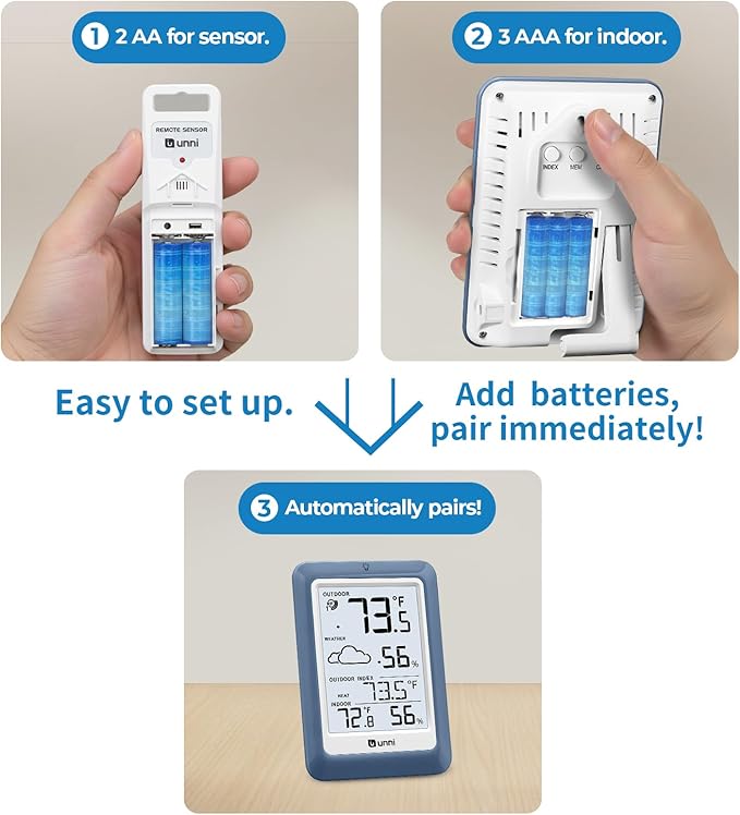 Indoor Outdoor Thermometer Hygrometer Wireless Weather Station, Temperature Humidity Monitor Battery Powered Inside Outside Thermometers with 330ft Range Remote Sensor(Blue)