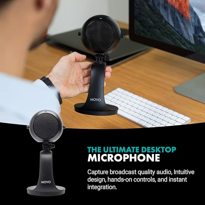 Movo WebMic USB Microphone with Desktop Stand in Black- Cardioid Condenser Computer Microphone for PC and Mac with Mic Gain, Headphone Monitoring- for Gaming, Podcast, Streaming, Video Conferencing