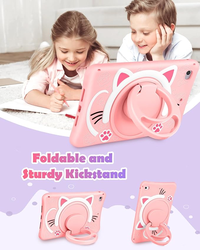 Wazzasoft for iPad mini 4/5 Case 7.9 Inch Girls Cute Cat Kawaii Cover Girly 3D Cartoon Women Kitten with Rotating Handle Stand & Strap Soft Silicone Funda for Apple iPad mini 5th/4th Gen Cases