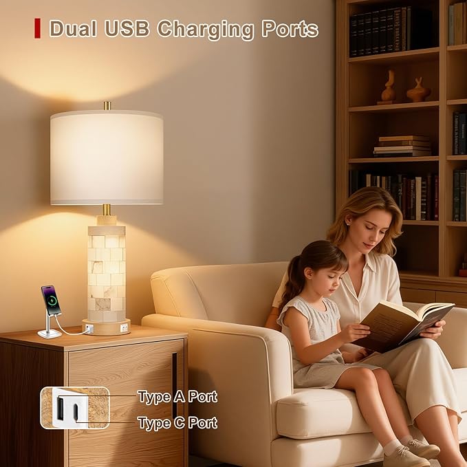 KIVDITZO 27" Alabaster and Wood Table Lamp Set of 2 with Night Light Nightstand Lamps with USB Ports White Linen Fabric Shade Bedside Lamp Decor for Living Room Bedroom Home Office Hotel Bar House
