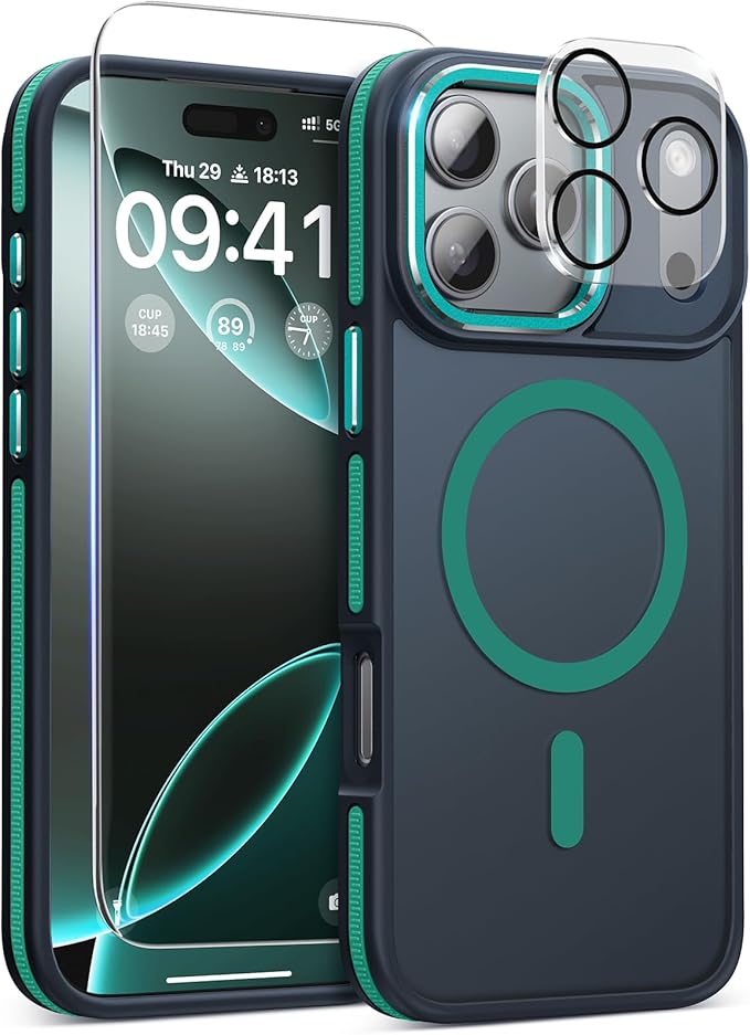 Magnetic 3 in 1 for iPhone 17 Pro Case, [Omni-Directional Protection] with 1x Screen Protector + 1x Camera Cover, [Seamless Work with Magsafe] Shockproof Slim Thin Matte Case for iPhone 17 Pro Green