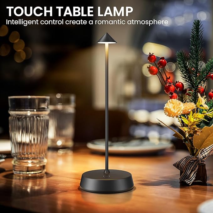 Rechargeable Cordless Small Table Lamp,6000mAh Battery Operated,LED Touch Dimmable Modern TableTop,Portable Outdoor Wireless Bedside Night Light for Restaurant/Dining/Bedroom/Living Room/Coffee(Black)