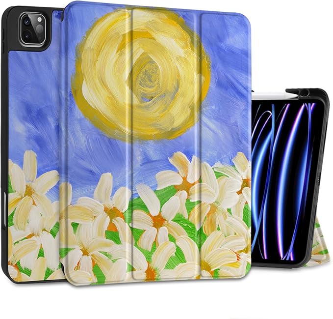 MEEgoodo for iPad Pro 12.9 Case M2 6th/5th/4th/3rd Generation 2022 2021 2020 2018 with Pencil Holder, Tablet Cover with Soft TPU Back Shell, Summer Flowers