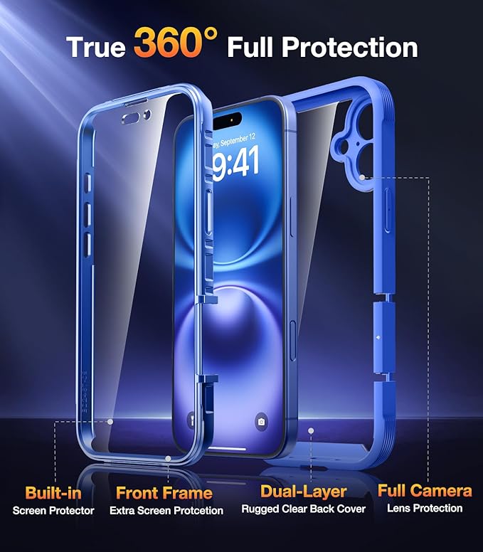 Diaclara Designed for iPhone 16 Plus Case, Full Body Rugged Case with Built-in Touch Sensitive Anti-Scratch Screen Protector, Upgraded [Full Camera Protection] for iPhone 16 Plus 6.7" (Ultramarine)