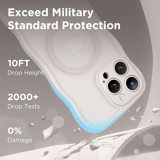 CAPRARO Cute for iPhone 15 Pro Max Case, Compatible with MagSafe, [Curly Wave Edge] [Full Camera Protection] [14 FT Drop Protection] Magnetic Phone Case for 15 Pro Max 6.7 Inch, Stone