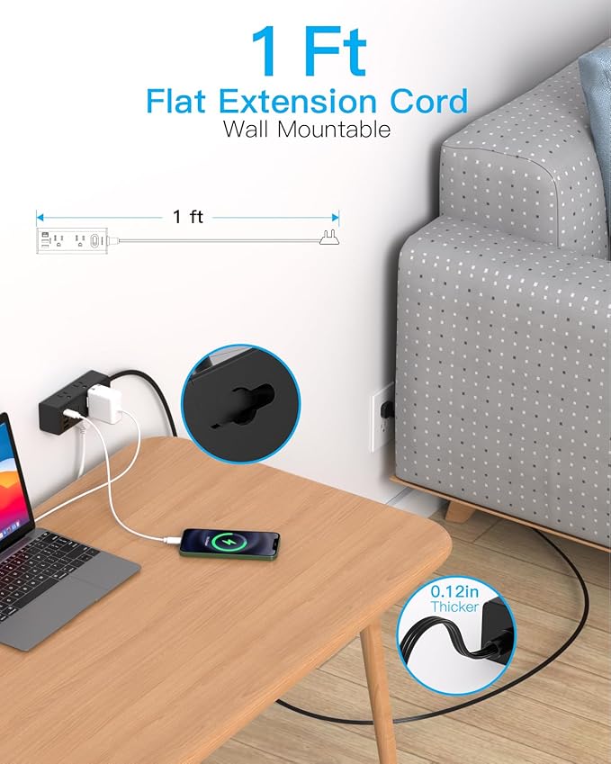 1Ft Extension Cord with Multiple Outlets, Flat Plug Power Strip Surge Protector with 1 Ft Cord, 6 Outlet 4 USB Ports (2 USB C), Multi Outlet Wall Plug for Travel, College, Dorm Room Essentials(Black)