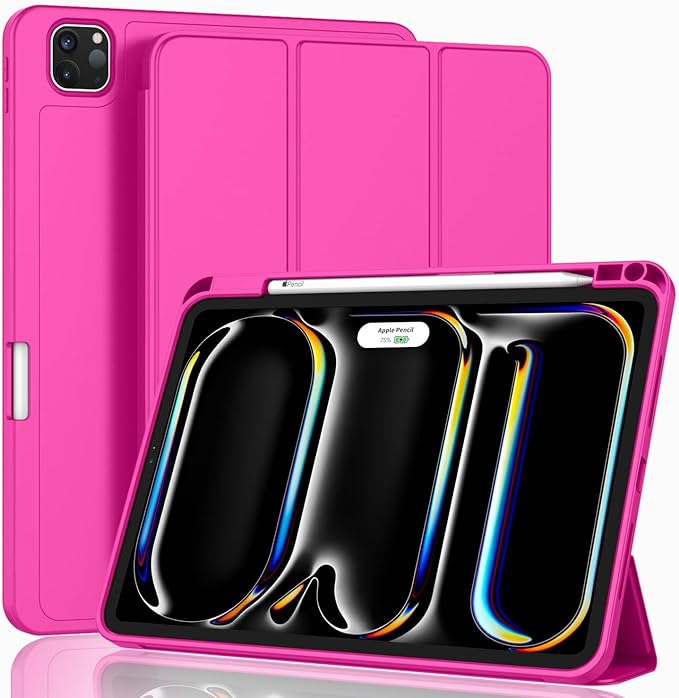 ZryXal New iPad Pro 13 Inch Case (M5) 2025 / (M4) 2024 with Pencil Holder, Smart iPad Case [Support Pencil Pro and Pencil (USB-C)], Support Touch ID and Auto Wake/Sleep (New Rose Red)