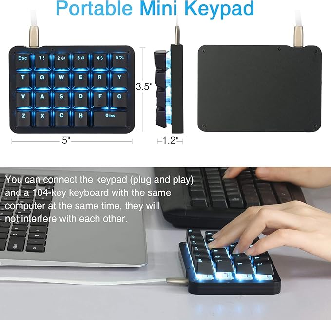 Koolertron One Handed Macro Mechanical Keyboard, Blue LED Backlit Portable Mini One-Handed Mechanical Gaming Keypad 23 Fully Programmable Keys Red Switches (Blue Backlit/Red switches)
