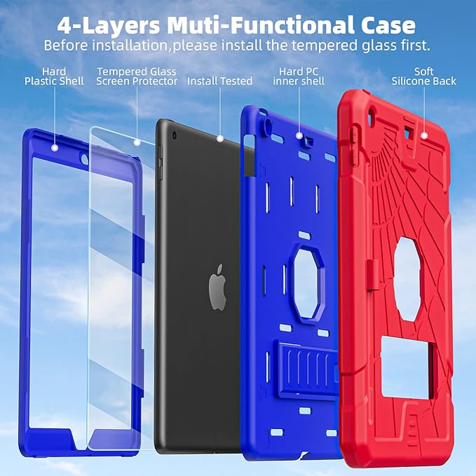 TSQQST iPad 6th/5th Generation Case 9.7 Inch with Tempered Glass Screen Protector&Pencil Holder&Stand | Heavy Duty Shockproof Rugged Protective iPad 9.7 Case 2017 2018 for Kids Boys Girls | Red+Blue