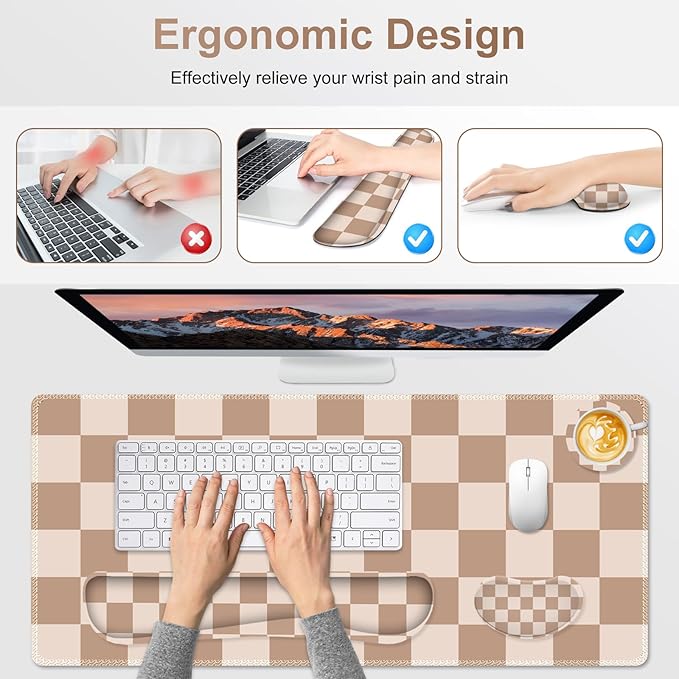 Beige Khaki Checkered Mouse Pad Set, 4 in1 Large Gaming Ergonomics Keyboard Desk Mat with Memory Foam Wrist Rest, Extended Game Mousepad, Non-Slip Desk Pad Matt Easy Typing Pain Relief