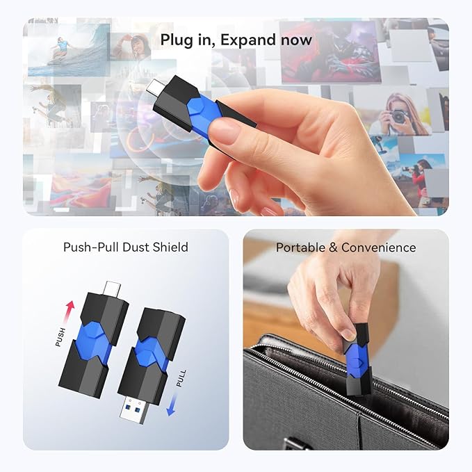 128GB USB Flash Drive JUANWE Type C & Type A Dual Port USB USB 3.1 Thumb Drive 150MB/s High Speed Transfer Memory Stick for Phone, Laptop, Tablet, Blue