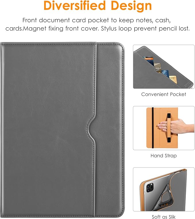 DTTO for iPad Pro 12.9 6th / 5th / 4th / 3rd Generation Case 2022/2021/2020/2018, Leather Folio Stand Cover with Built-in Apple Pencil Holder -Auto Wake/Sleep and Multi Viewing Angles, Grey