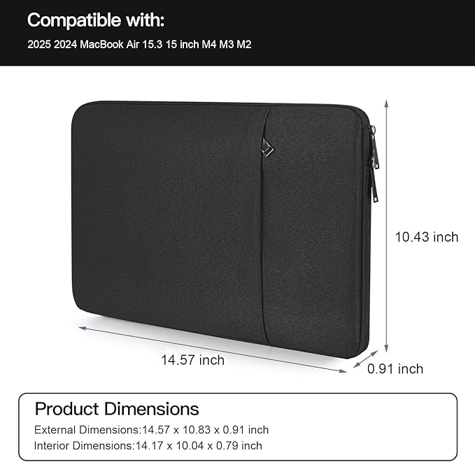 CaseBuy MacBook Air 15 inch Sleeve Water-Resistant Protective Case for 2026-2023 MacBook Air 15 M2 M3 M4 M5 Chip A3448 A2941 A3114 A3241 Laptop Carrying Case Cover Slim Travel Accessories Bag -Black