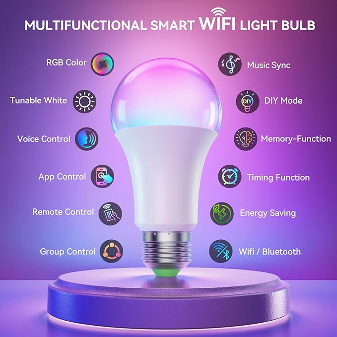 Auxmir Smart Light Bulbs with Remote, RGB+CCT Color LED Light Bulbs Work with Alexa & Google Home, Multiple Scene and Music Sync Light Bulb, A19 9W 800LM, WiFi Bluetooth 2.4GHz No Hub Required, 2-Pack