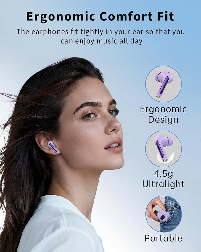 Wireless Earbuds, Bluetooth 5.4 Headphones with 50H Playback, Deep Bass Stereo Ear Buds Clear Calls with LED Power Display, IPX7 Waterproof, in-Ear Earphones with Mic for Phone/Android/iPad, Purple