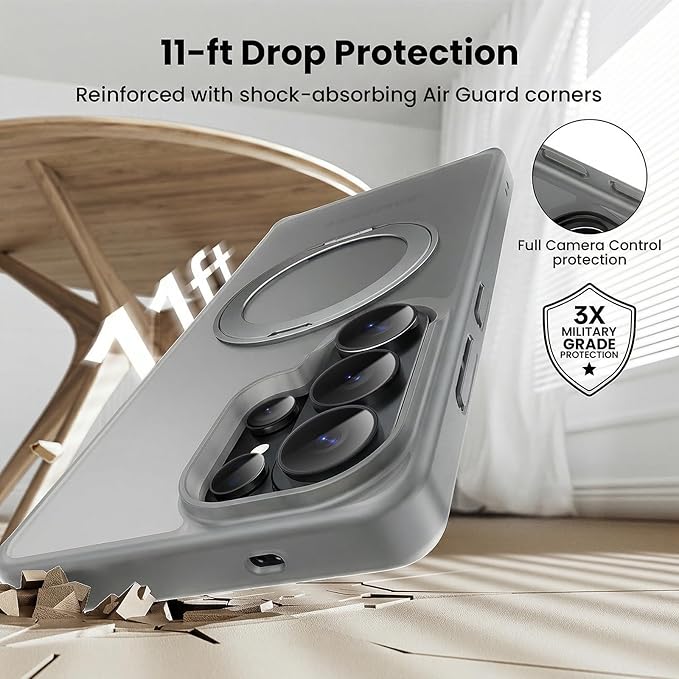 360°Ring Stand for Samsung Galaxy S26 Ultra Case with 1X Screen Protector +1X Camera Cover,Fit for MagSafe, Translucent Matte Cover & Scratch-Resistant Back Cover for Galaxy S26 Ultra 6.9", Gray