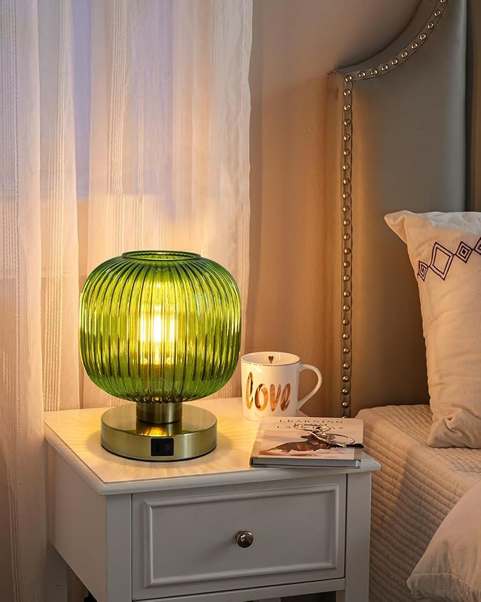 Elenhome Big Touch Table Lamp,Elegant Green Glass Bedside Lamp 3 Way Dimmable with USB C+A Charging Ports - Bedroom Nightstand & Living Room Essential, 4W Bulb Included (Green)