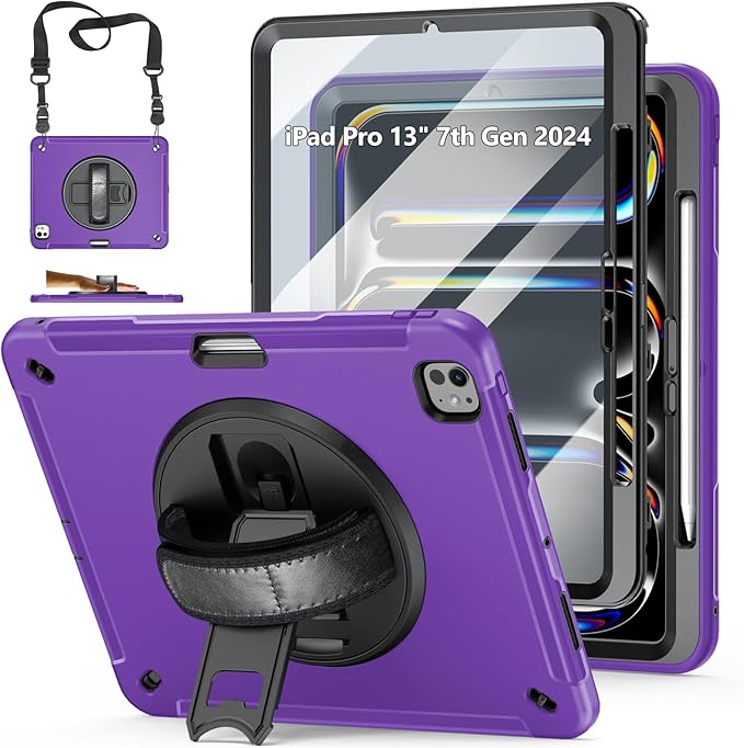 Case for iPad Pro 13 Inch M5 2025/ M4 2024: Military Grade Cover for iPad Pro 13" with Screen Protector - Stand - Handle - Shoulder Strap - Pencil Holder- Purple
