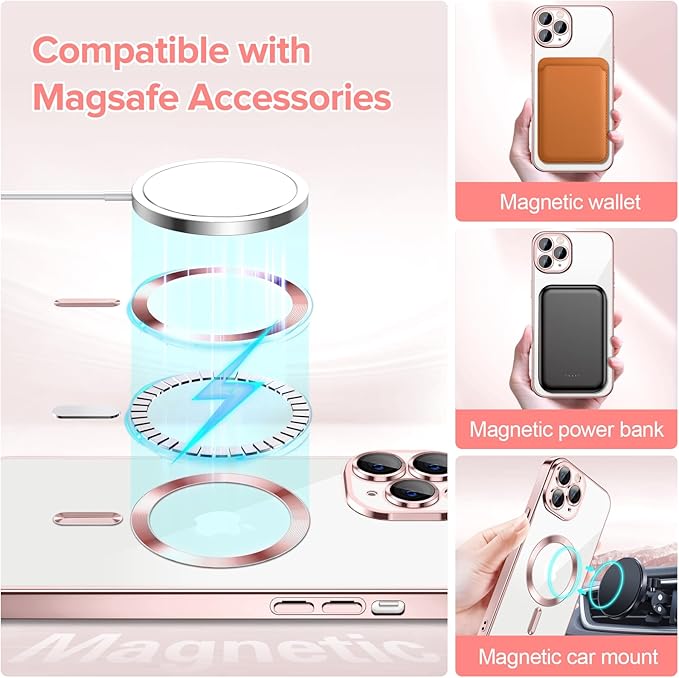 Hython Magnetic Clear for iPhone 11 Pro Case with Camera Lens Protector [Compatible with MagSafe] Luxury Plating Edge Slim Soft TPU Cover Protective Phone Case for iPhone 11 Pro 5.8", Pink