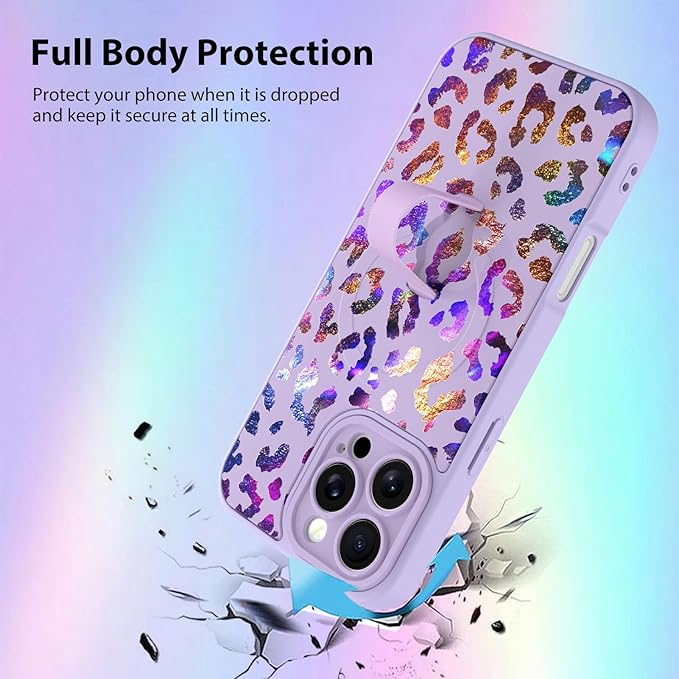 KANGHAR Compatible with iPhone 16 Pro Case, Support for MagSafe, Silicone Cute Iridescent Leopard Cheetah Pattern, Wristband Kickstand Shockproof Protective Slim Cover for Women Girls, Purple
