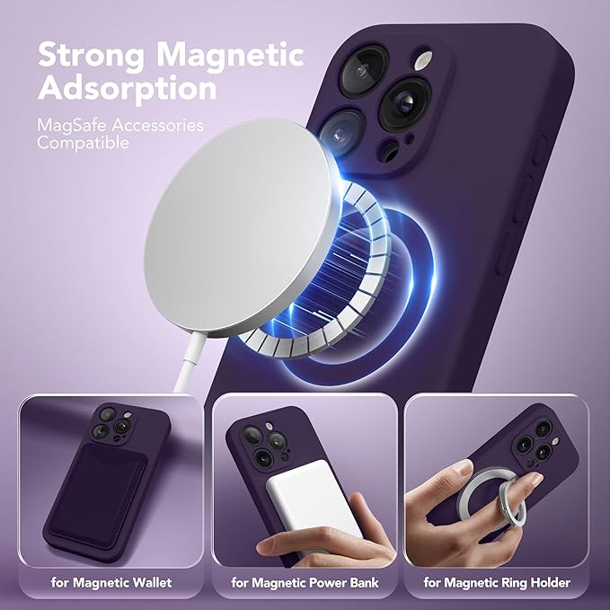 Magnetic for iPhone 15 Pro Case, Compatible with MagSafe, [Full Camera Protection][Screen Protector] Silicone Shockproof Protective Phone Case for iPhone 15 Pro 6.1", Deep Purple
