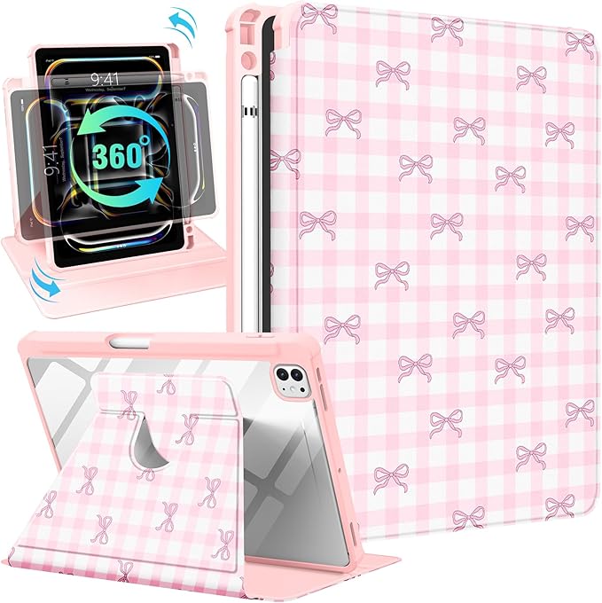 Uppuppy for iPad Pro M4/M5 Case 13 inch - 360 Degree Rotating Stand Folio Smart Cover with Pencil Holder for Women Girls, Pink Bow Checkered for iPad Pro 13 inch Case 2024 M4/2025 M5