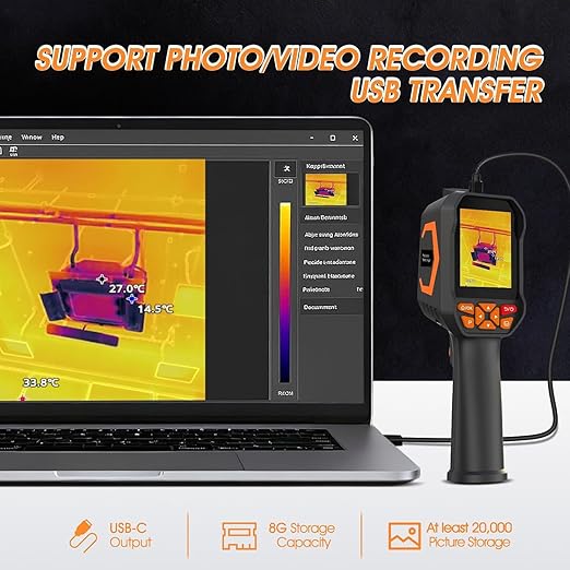 Thermal Imaging Camera 256 x 192 IR Resolution,512 x 384 Super Resolution Therma Camera,8 GB Storage & Video Recording, 1080P Visual Light Camera Handheld Infrared Thermal Imager with PC Analysis