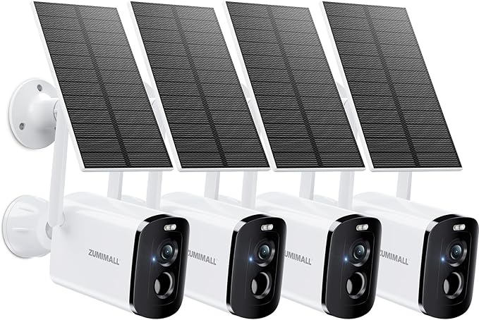 ZUMIMALL Solar Security Cameras Wireless Outdoor - 4 Packs, 2K Camera for Home Security with Color Night Vision, 2.4GHz WiFi, 2-Way Talk, Spotlight & Siren, IP66 Weatherproof, Compatible with Alexa