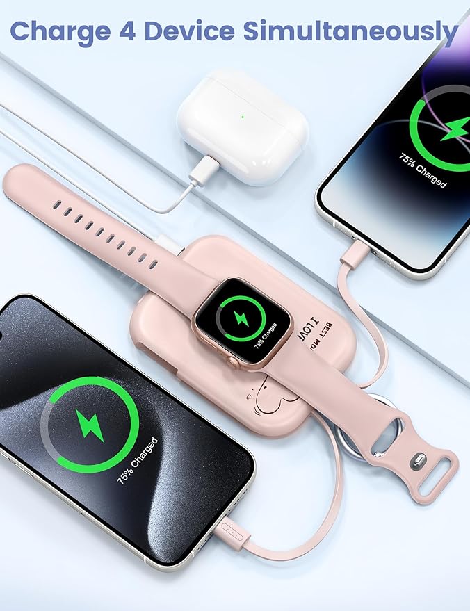 RORRY Portable Charger, 5000mAh Portable Charger Power Bank with Built-in Cables, Travel Keychain Battery Pack for Apple Watch Ultra/11/10/9/8/7/6/SE, iPhone Air/17/16/15/14/13/12, Mom-Pink